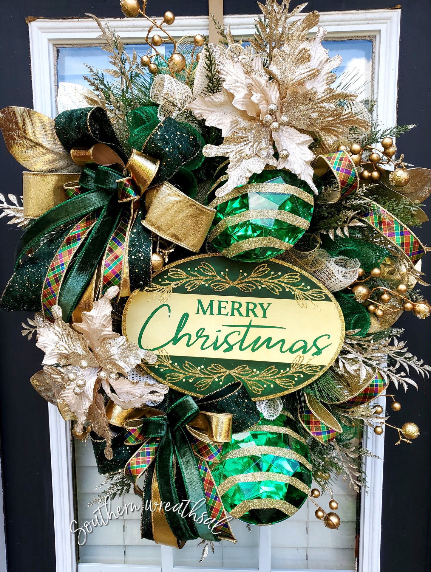 Stunning Green and Gold Christmas Jeweled Merry Christmas Front Door Wreath