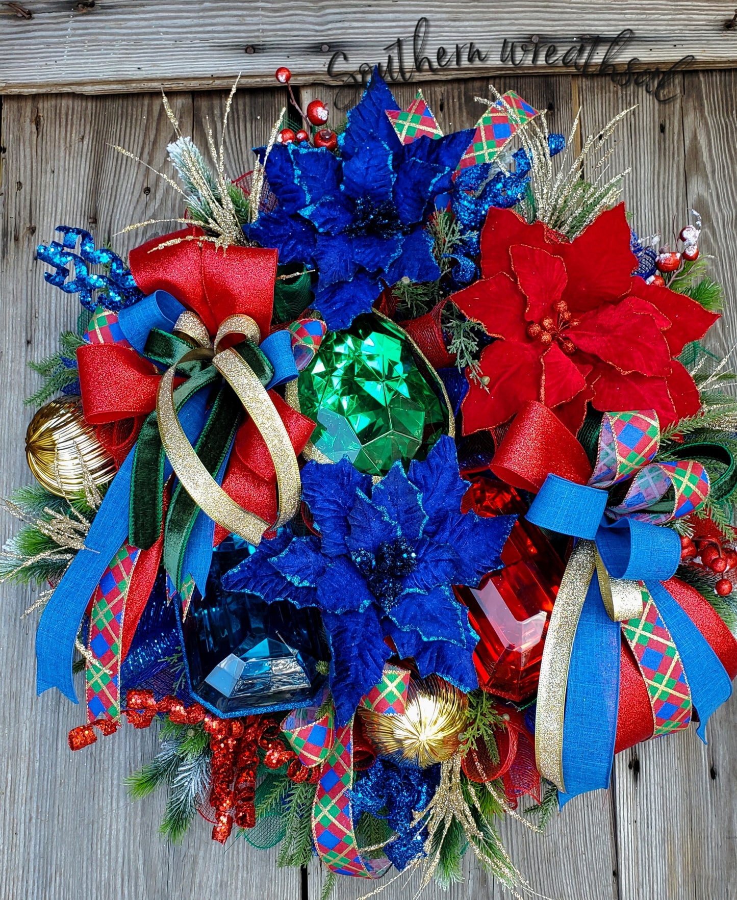 Velvet Red and Blue Christmas Poinsettia Jewel Front Door Wreath