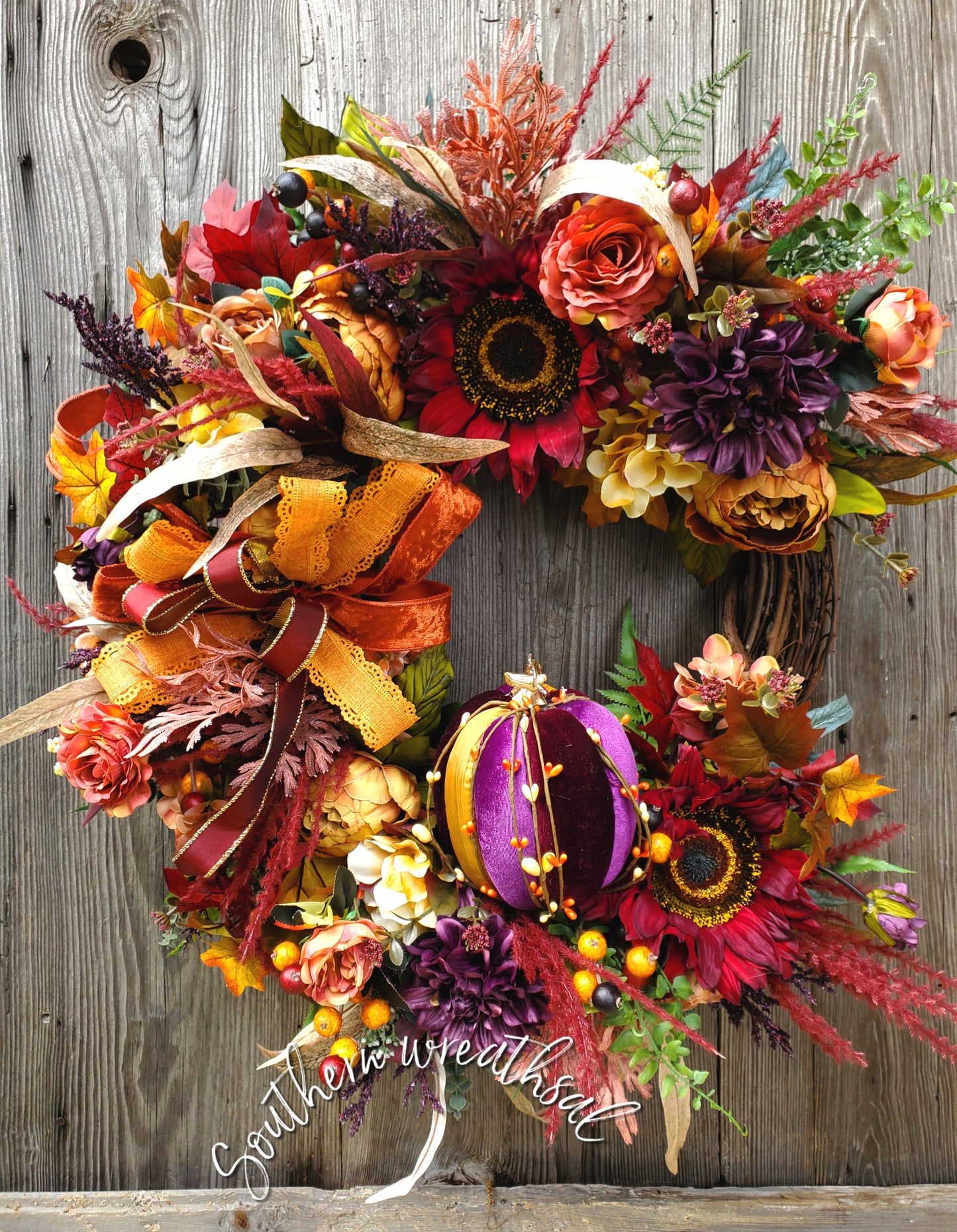 Elegant Fall Velvet Pumpkin Sunflower Door Wreath