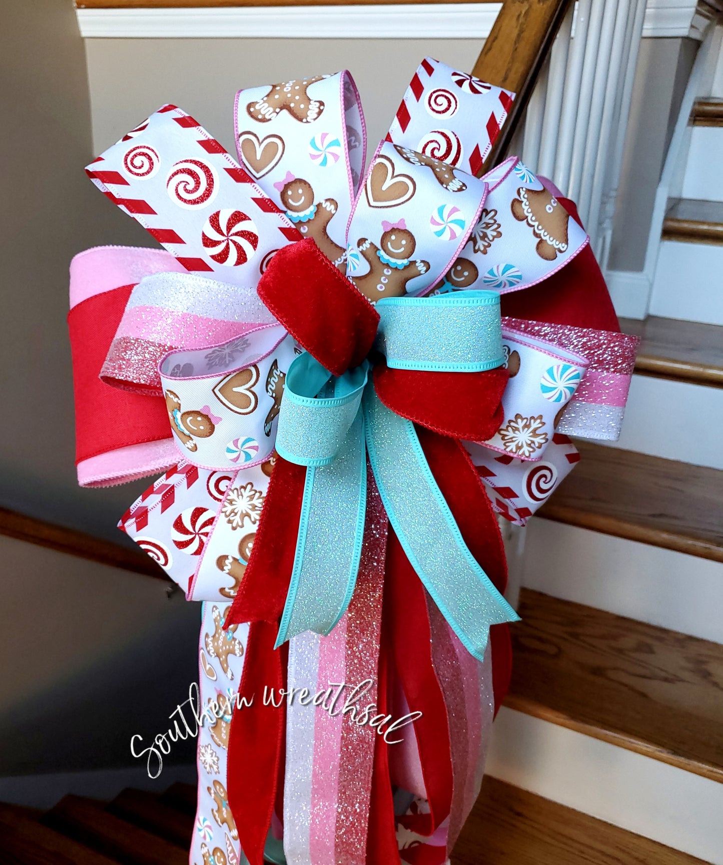 Peppermint and Gingerbread Deluxe Christmas Tree Topper Bow