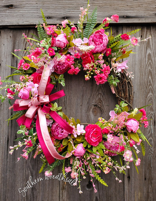 Hot Pink Spring Peony Front Door Grapevine Wreath