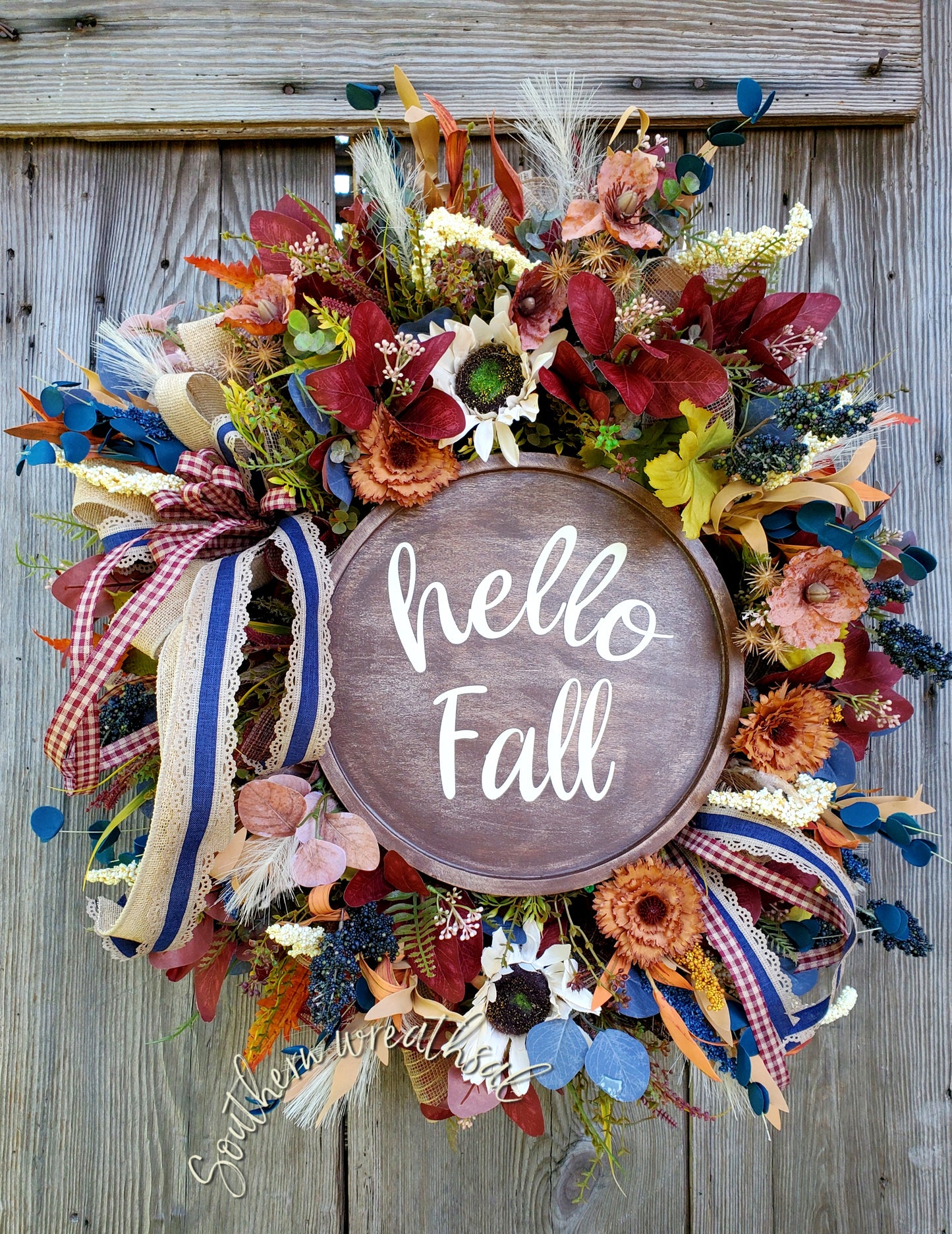 Fall Rustic Navy and Burgundy Door Wreath