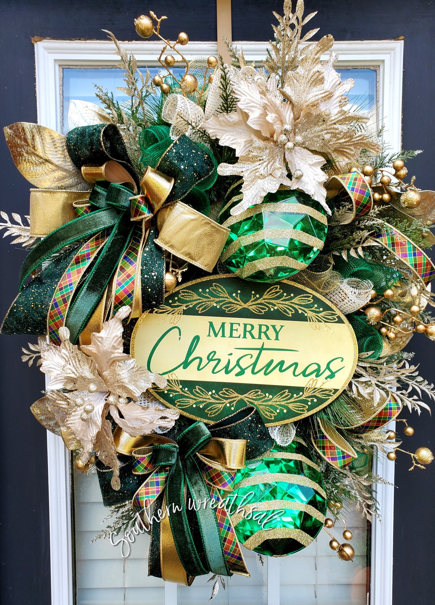 Stunning Green and Gold Christmas Jeweled Merry Christmas Front Door Wreath