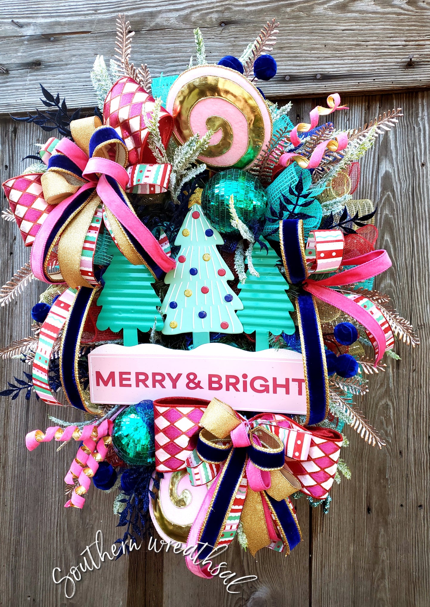 Merry & Bright Whimsical Pink and Teal Christmas Tree Wreath