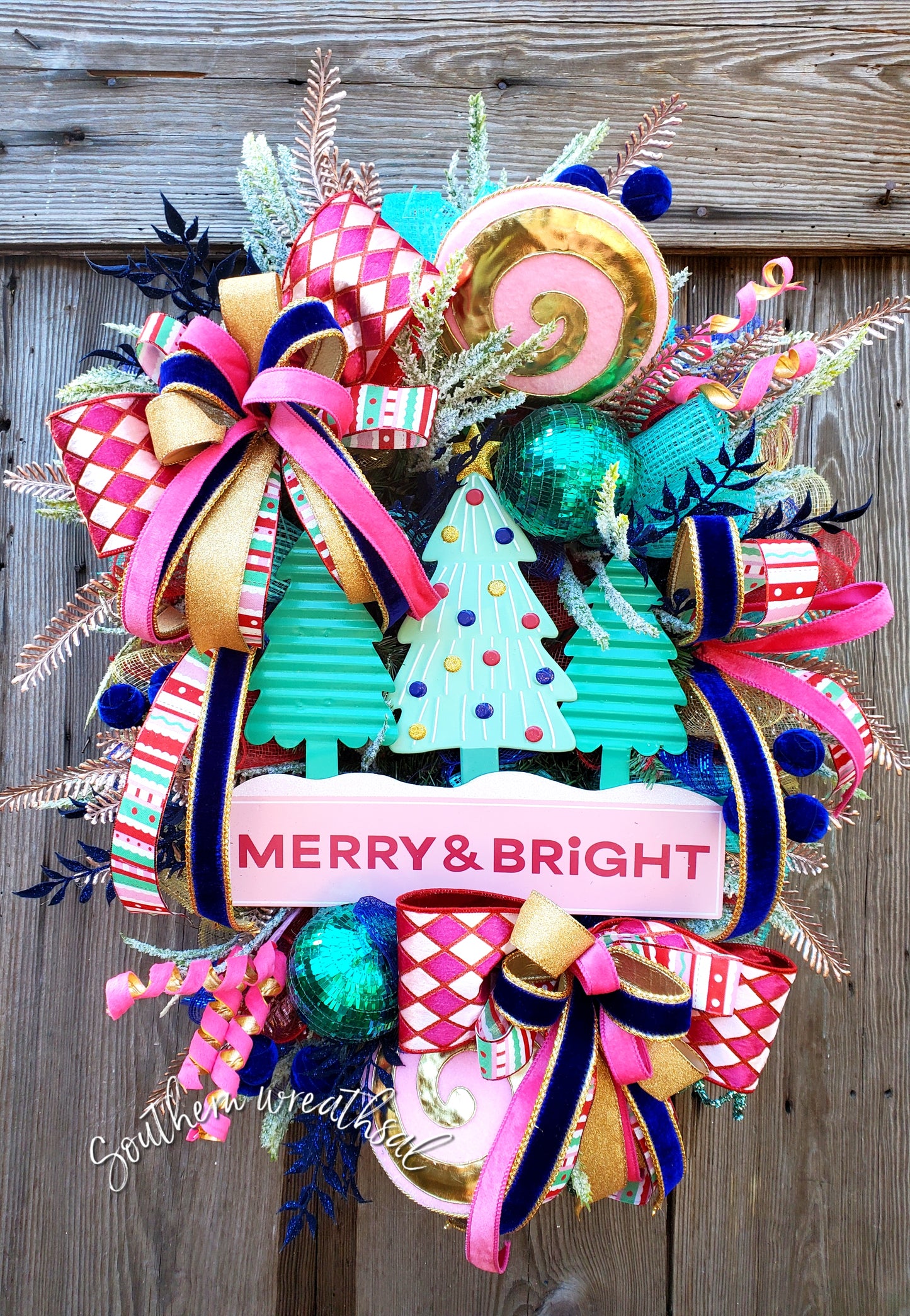 Merry & Bright Whimsical Pink and Teal Christmas Tree Wreath