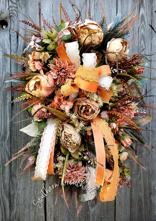 Fall Peony Neutral Door Swag- Thanksgiving Door Wreath