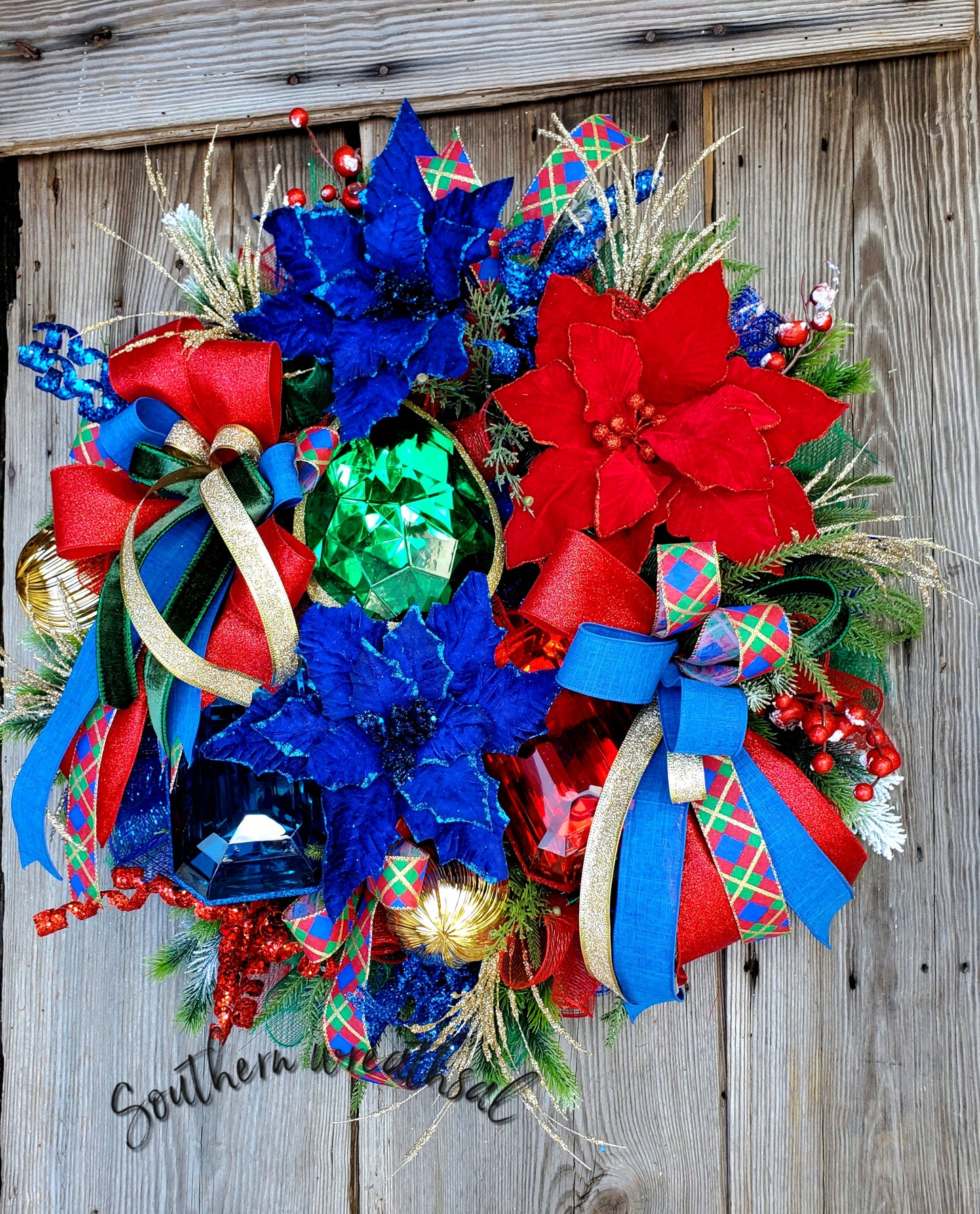 Velvet Red and Blue Christmas Poinsettia Jewel Front Door Wreath