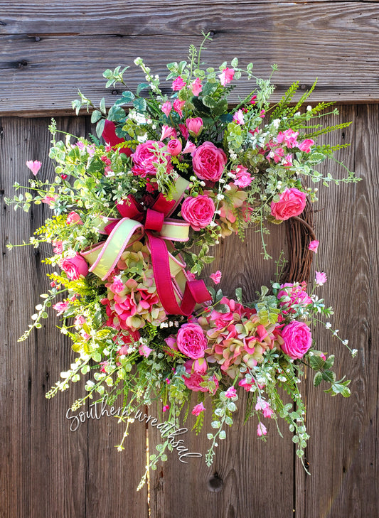 Hot Pink Hydrangea Spring Grapevine Door Wreath