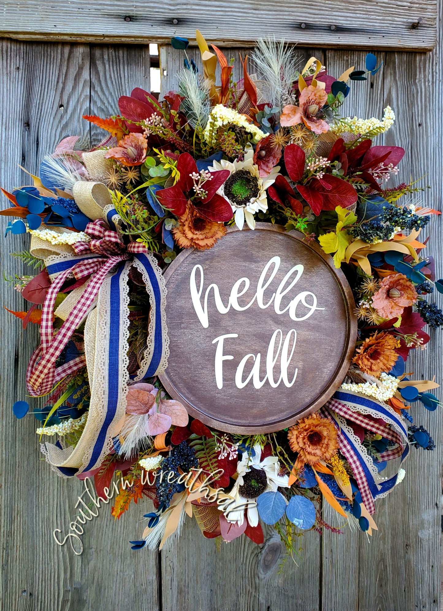 Fall Rustic Navy and Burgundy Door Wreath