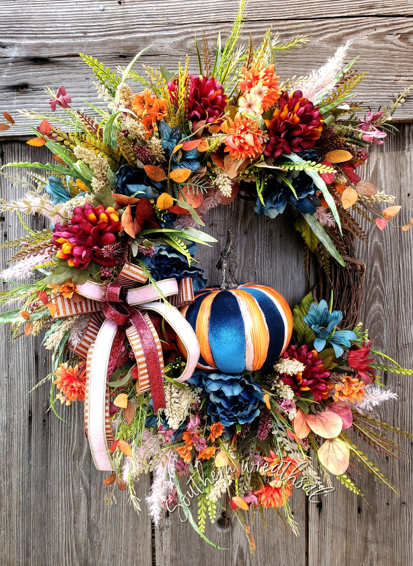 Fall Orange and Teal Velvet Pumpkin Door Wreath