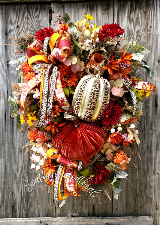 Velvet Cheetah Pumpkin Fall Door Wreath