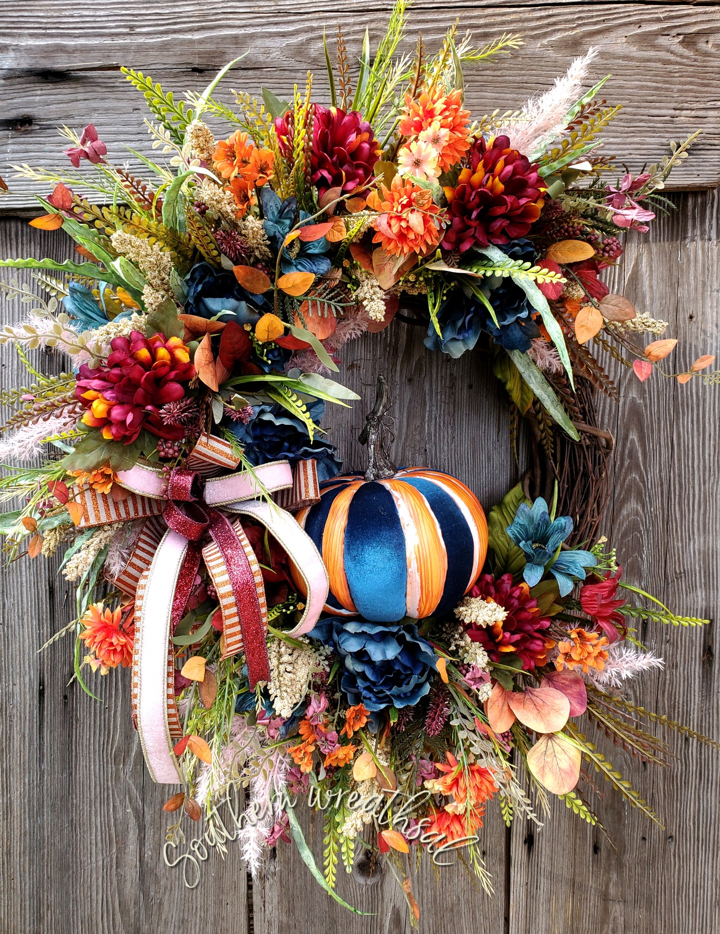 Fall Orange and Teal Velvet Pumpkin Door Wreath