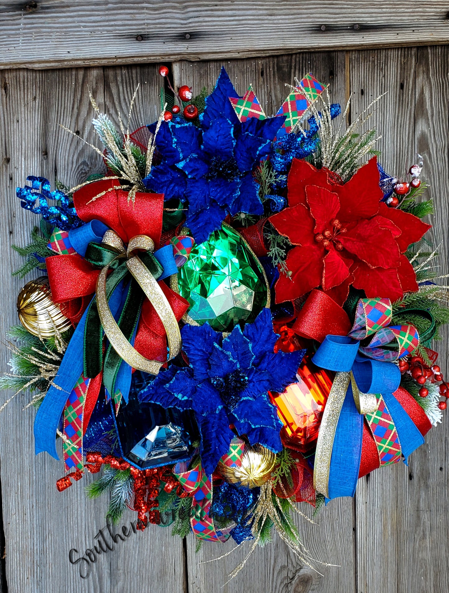 Velvet Red and Blue Christmas Poinsettia Jewel Front Door Wreath