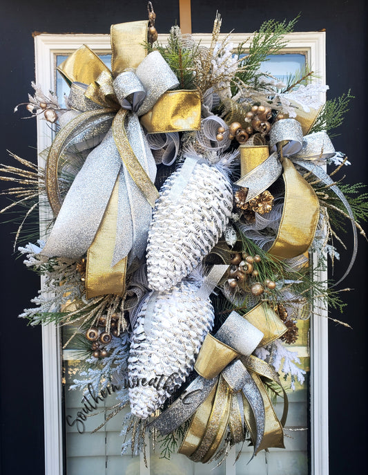 Silver and Gold Christmas Flocked Pinecone Door Wreath