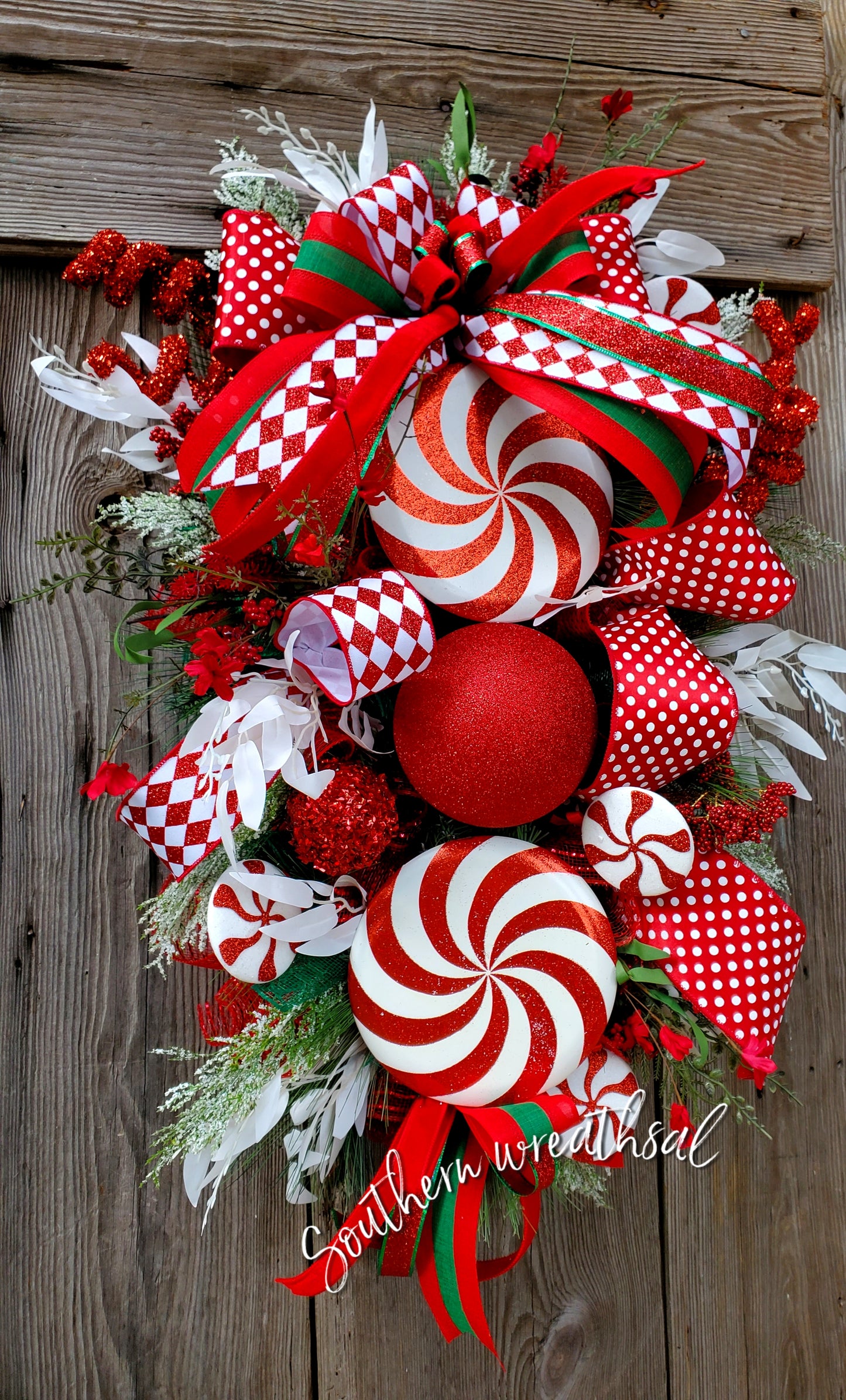 Peppermint Christmas Red and White Door Swag