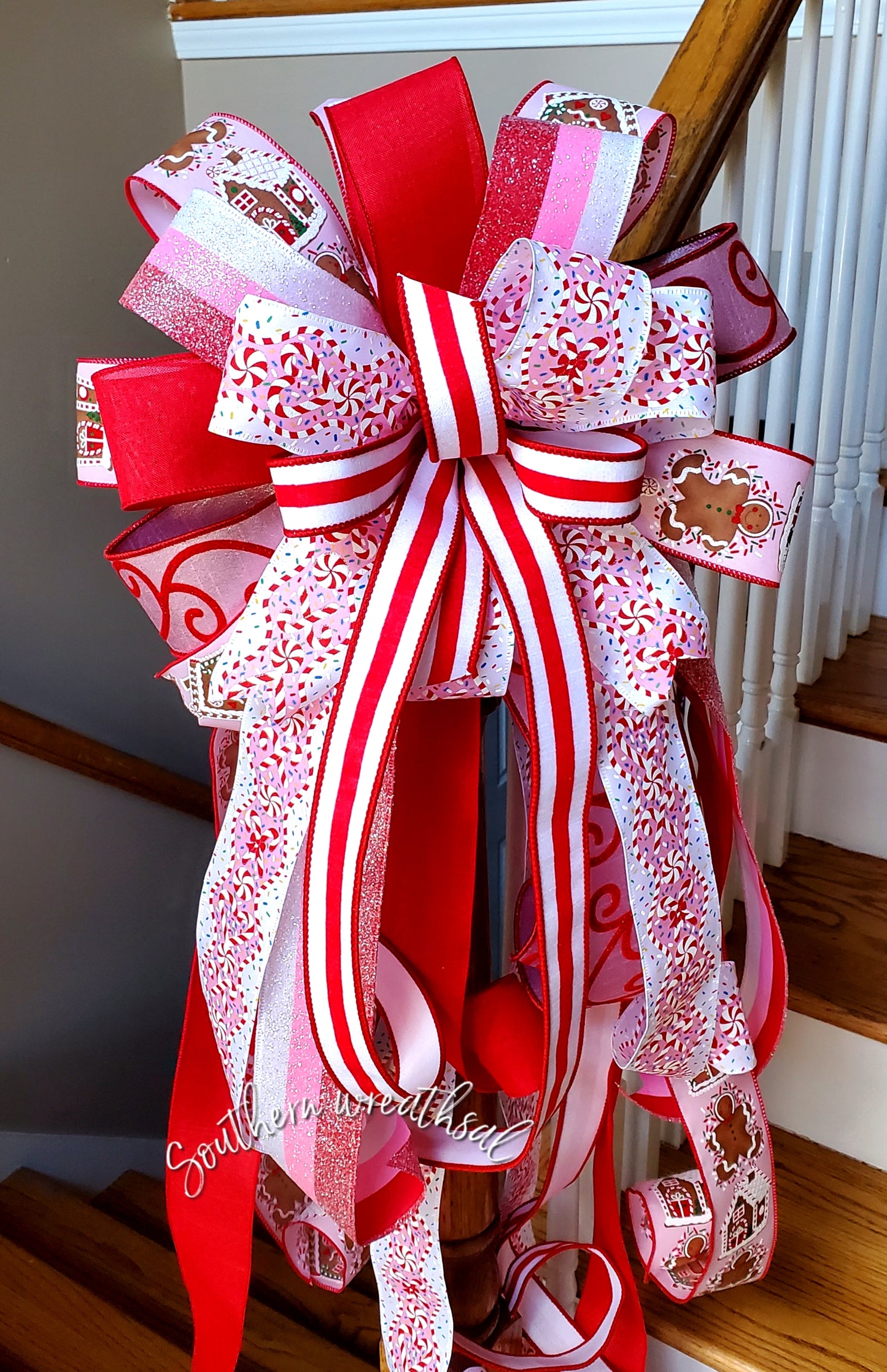 Whimsical Gingerbread & Peppermint Candy Pink Red Christmas Tree Topper Bows