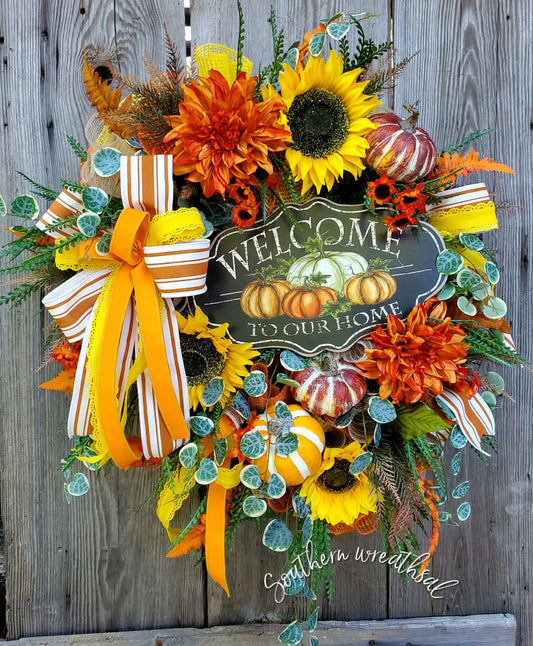 Fall Orange and Gold Sunflower Pumpkin Wreath