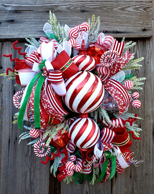 Red & White Peppermint Christmas Finial Front Door Wreath