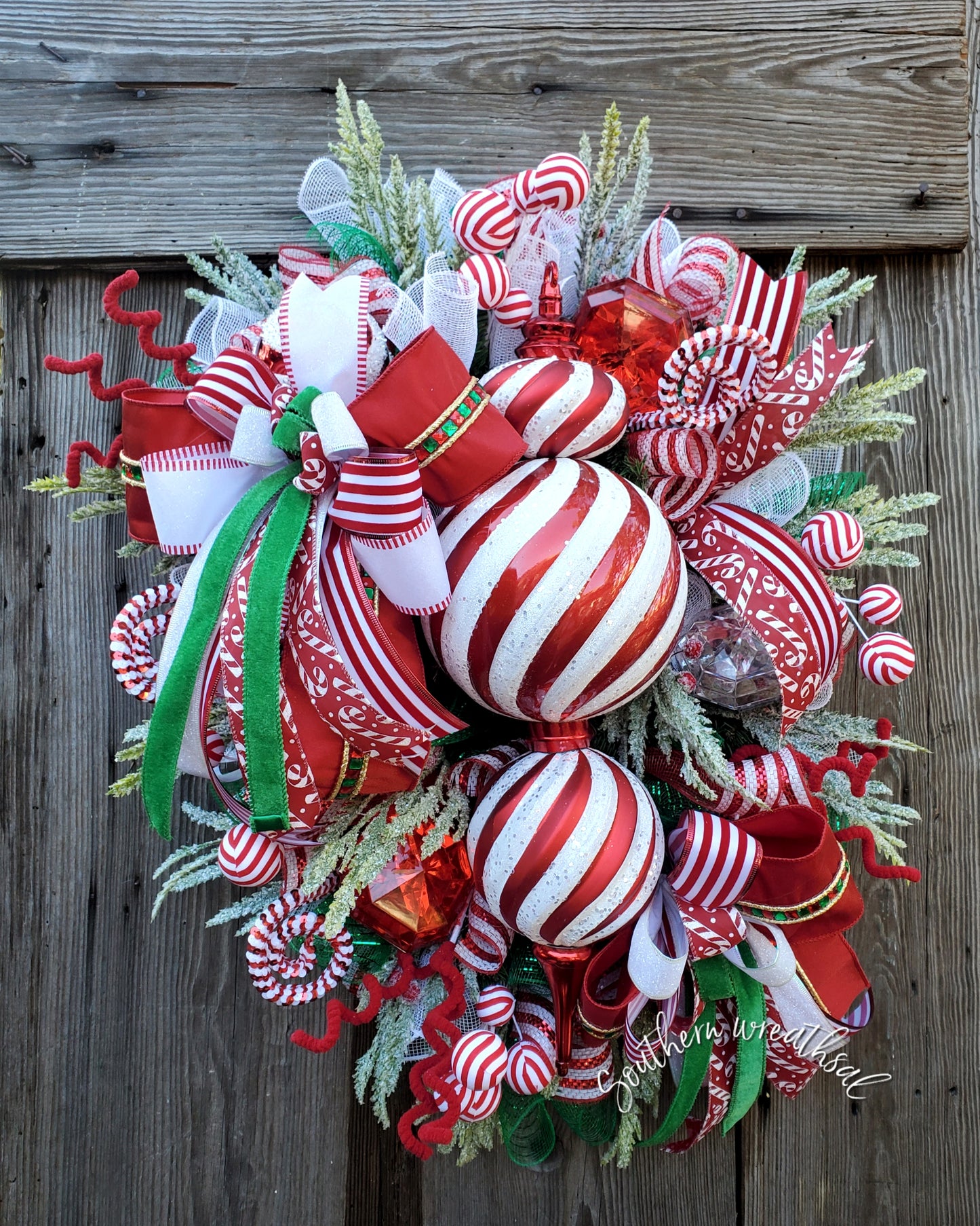 Red & White Peppermint Christmas Finial Front Door Wreath