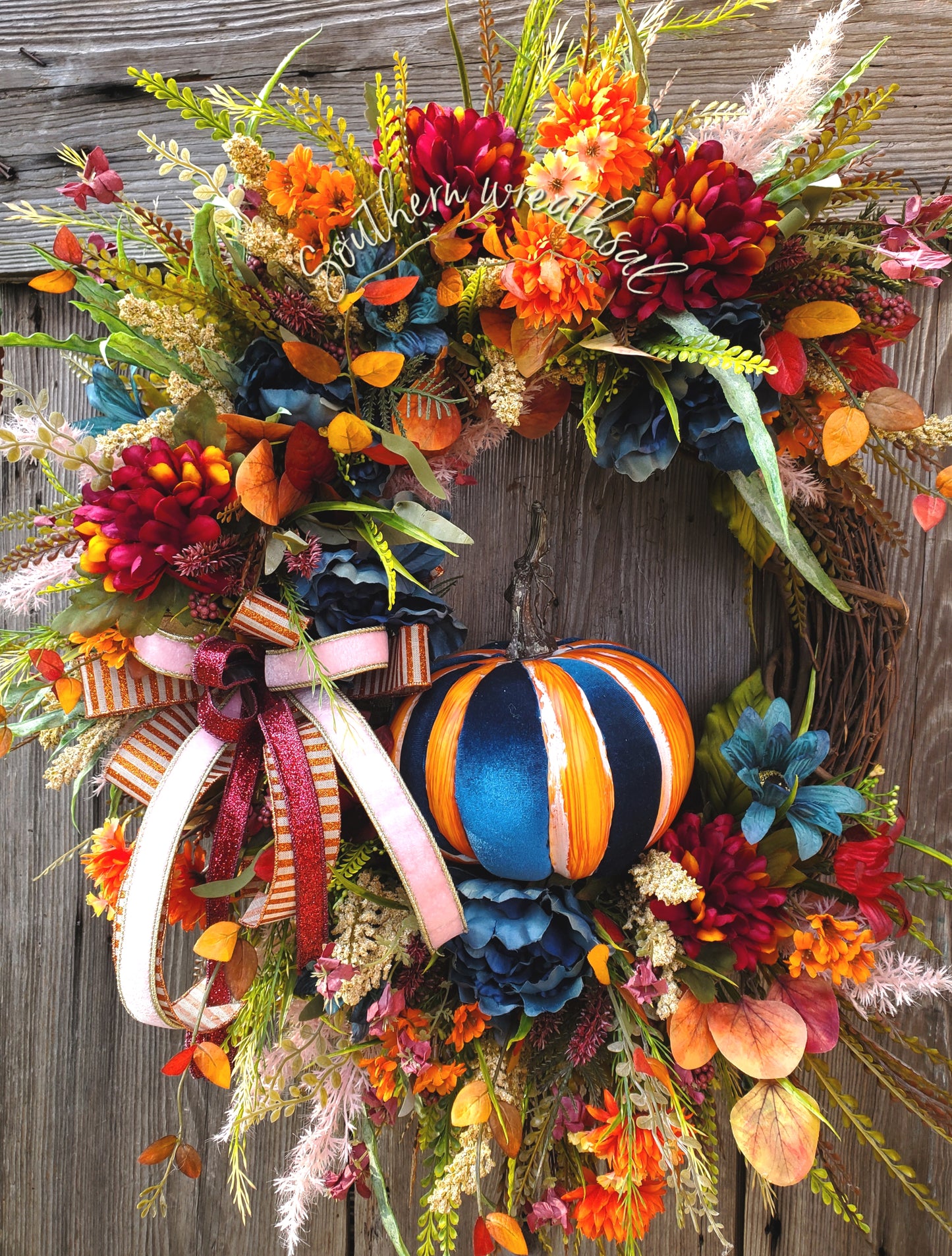 Fall Orange and Teal Velvet Pumpkin Door Wreath