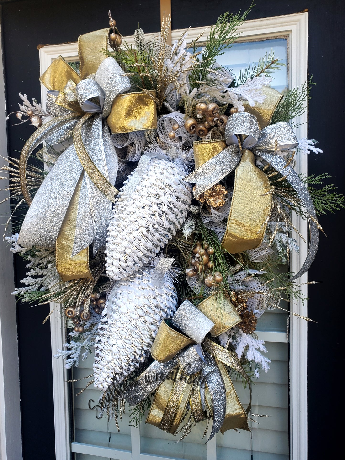 Silver and Gold Christmas Flocked Pinecone Door Wreath