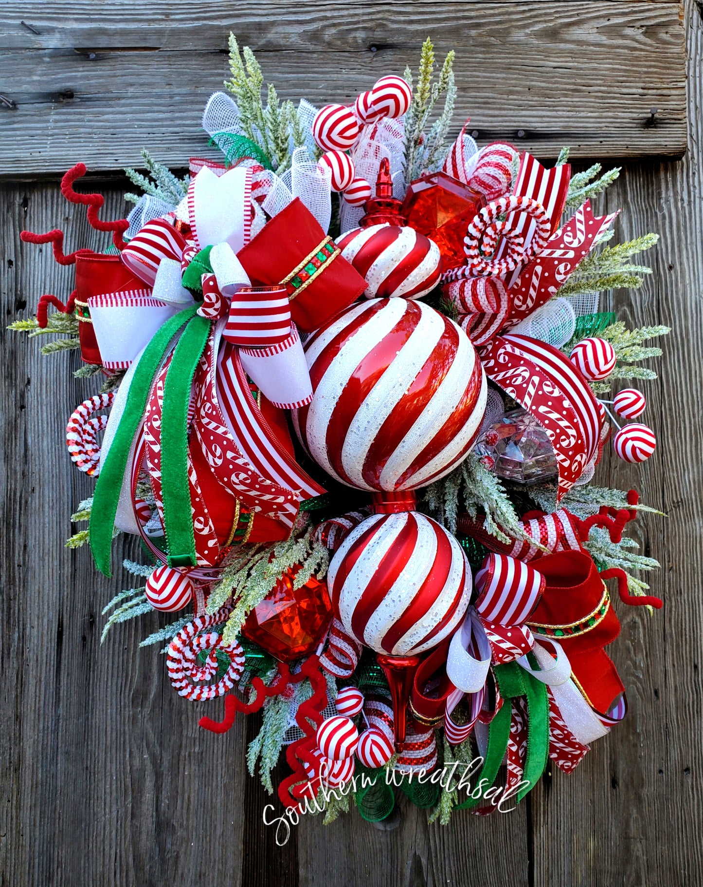 Red & White Peppermint Christmas Finial Front Door Wreath