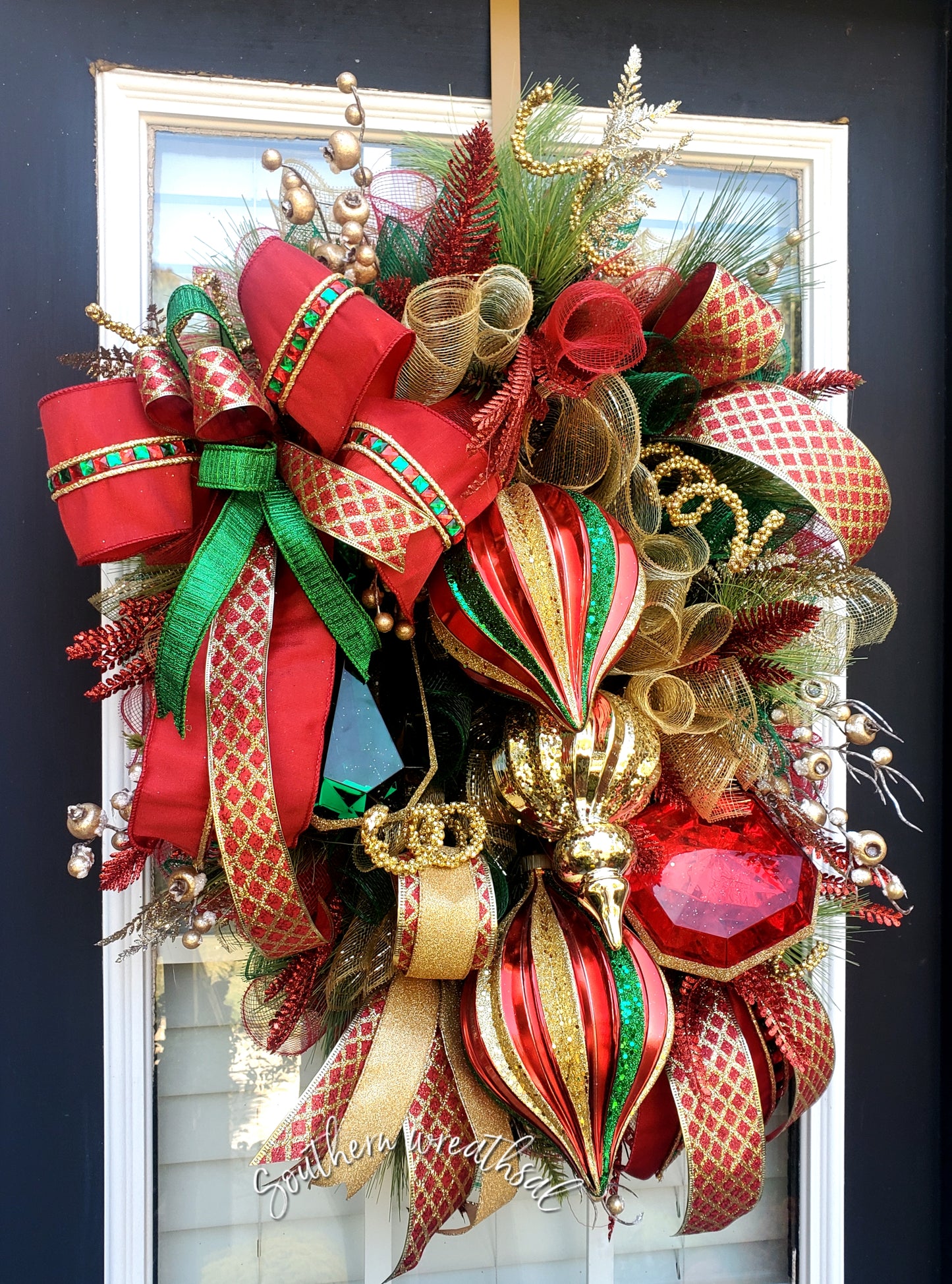 Traditional Red & Green Christmas Jewel  Door Wreath