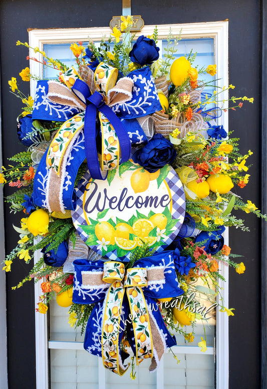 Spring Yellow and Blue Lemon Peony Door Wreath