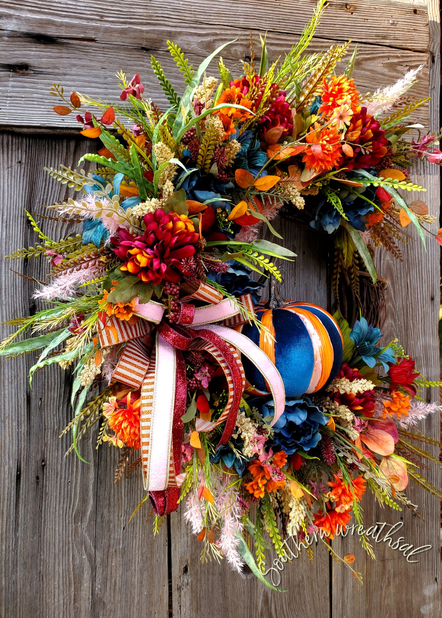 Fall Orange and Teal Velvet Pumpkin Door Wreath