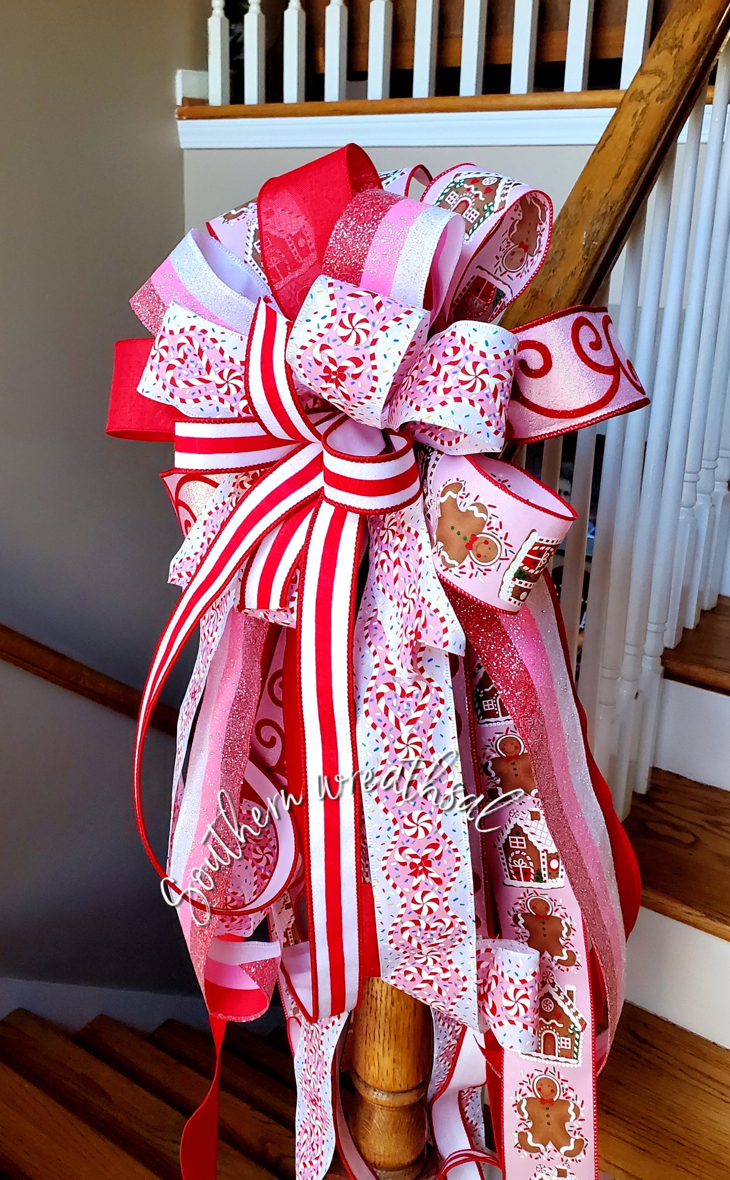 Whimsical Gingerbread & Peppermint Candy Pink Red Christmas Tree Topper Bows