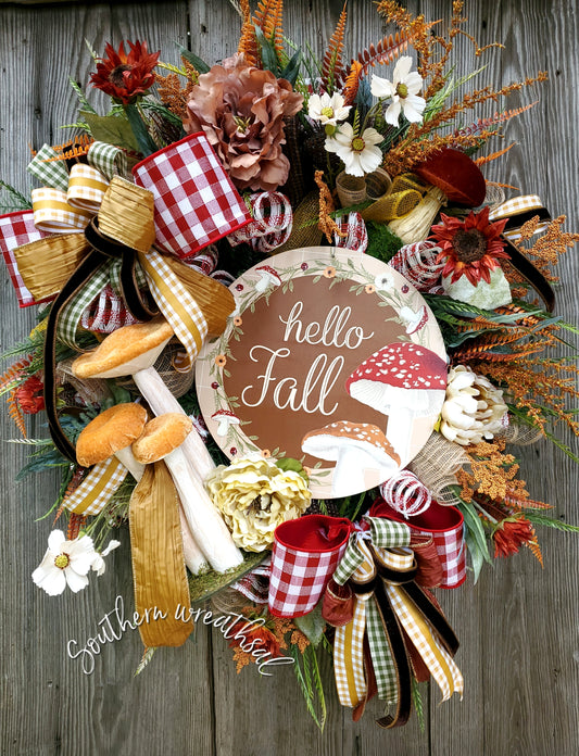 hello Fall Velvet Mushroom Door Wreath