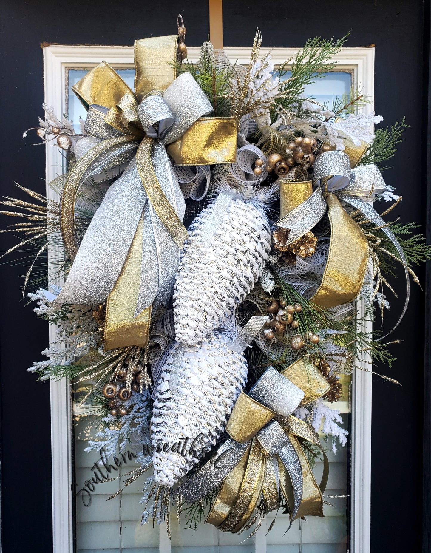 Silver and Gold Christmas Flocked Pinecone Door Wreath