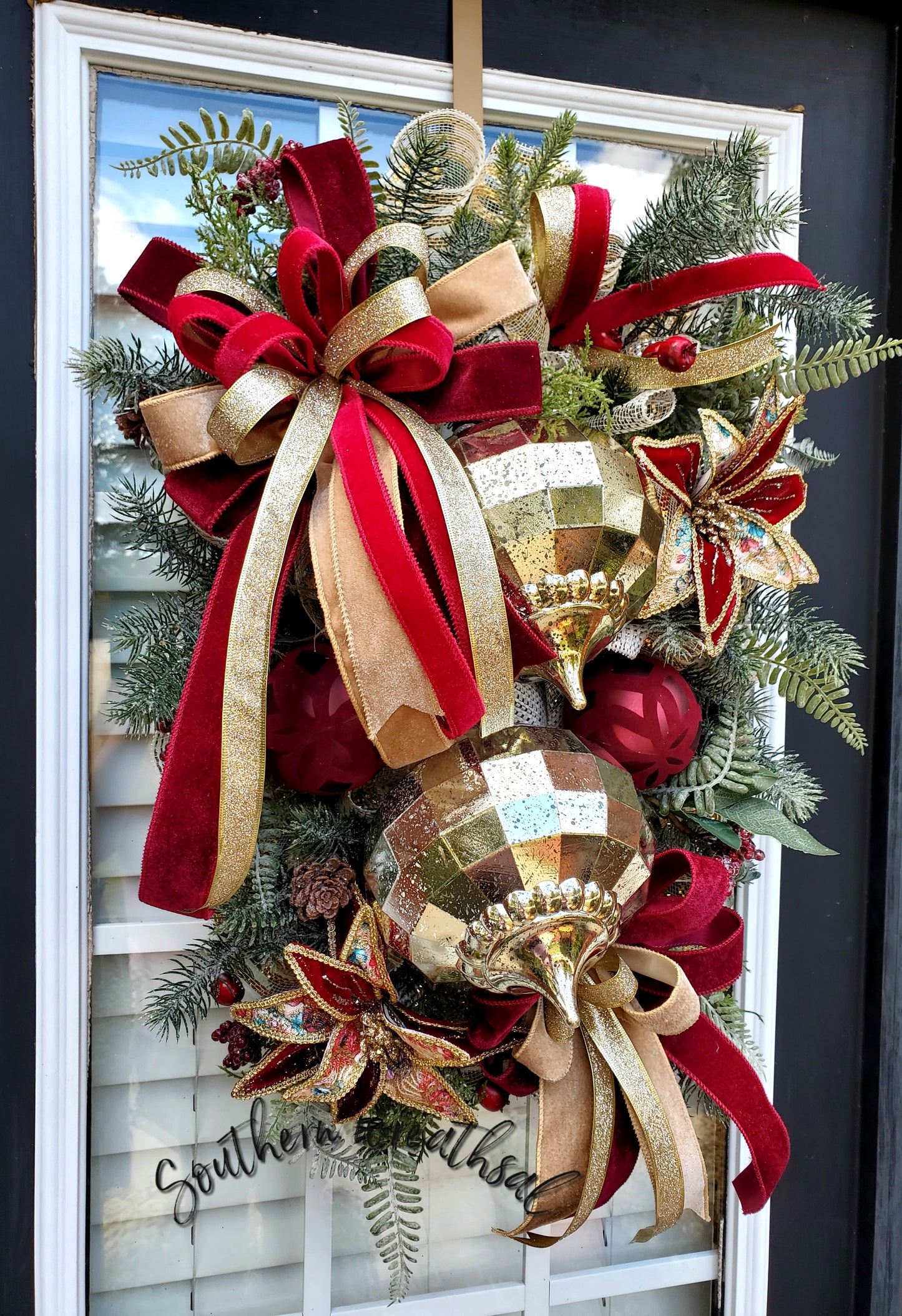 Burgundy and Gold Christmas Poinsettia Ornament Door Swag