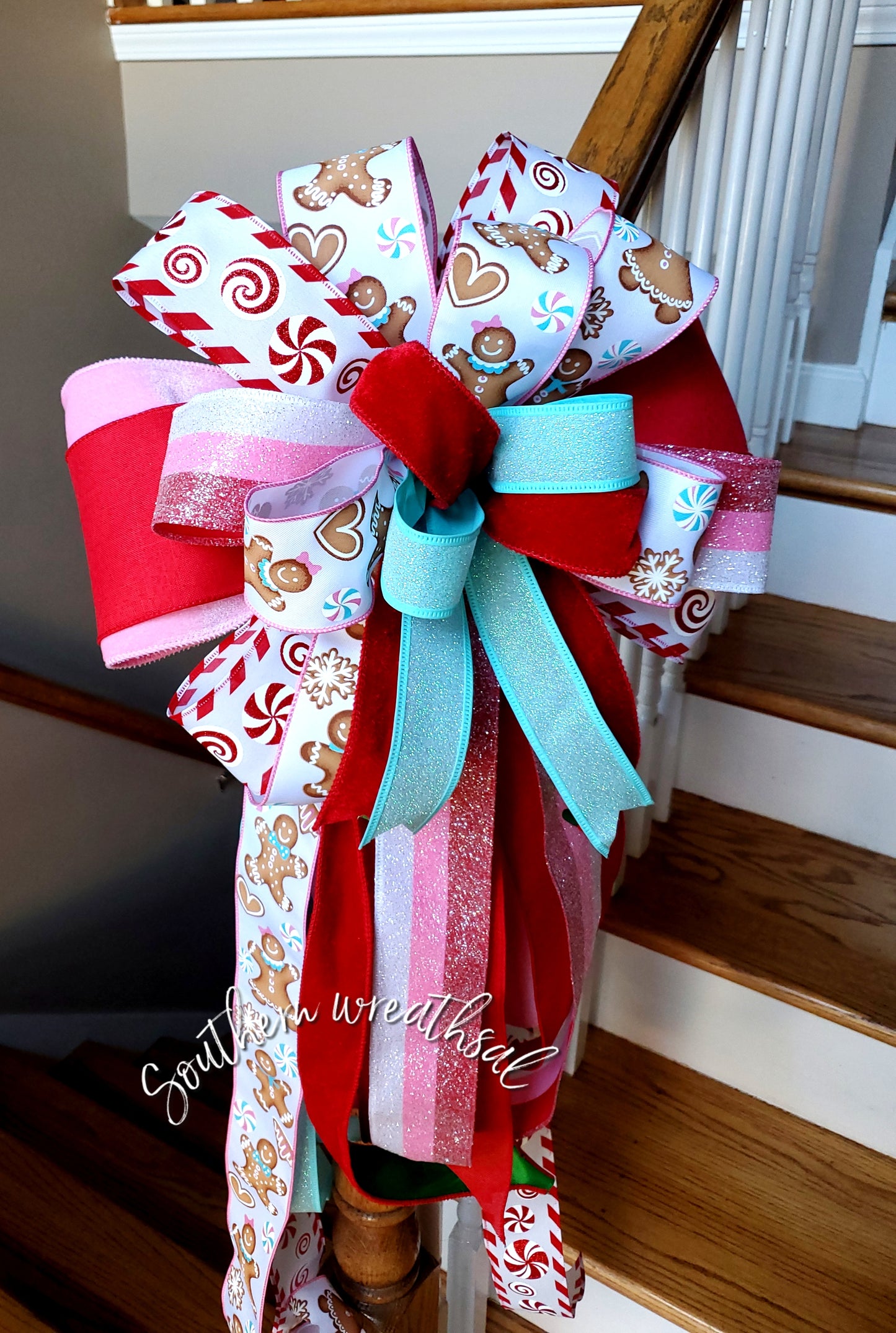 Peppermint and Gingerbread Deluxe Christmas Tree Topper Bow