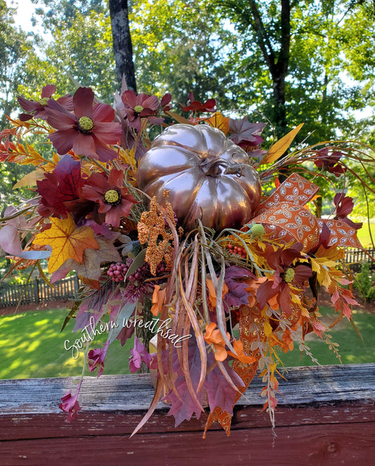 Fall Metallic Copper Pumpkin Floral Candlestick Arrangement