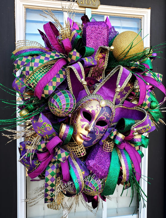 Mardi Gras Purple Gold Jester Door Wreath