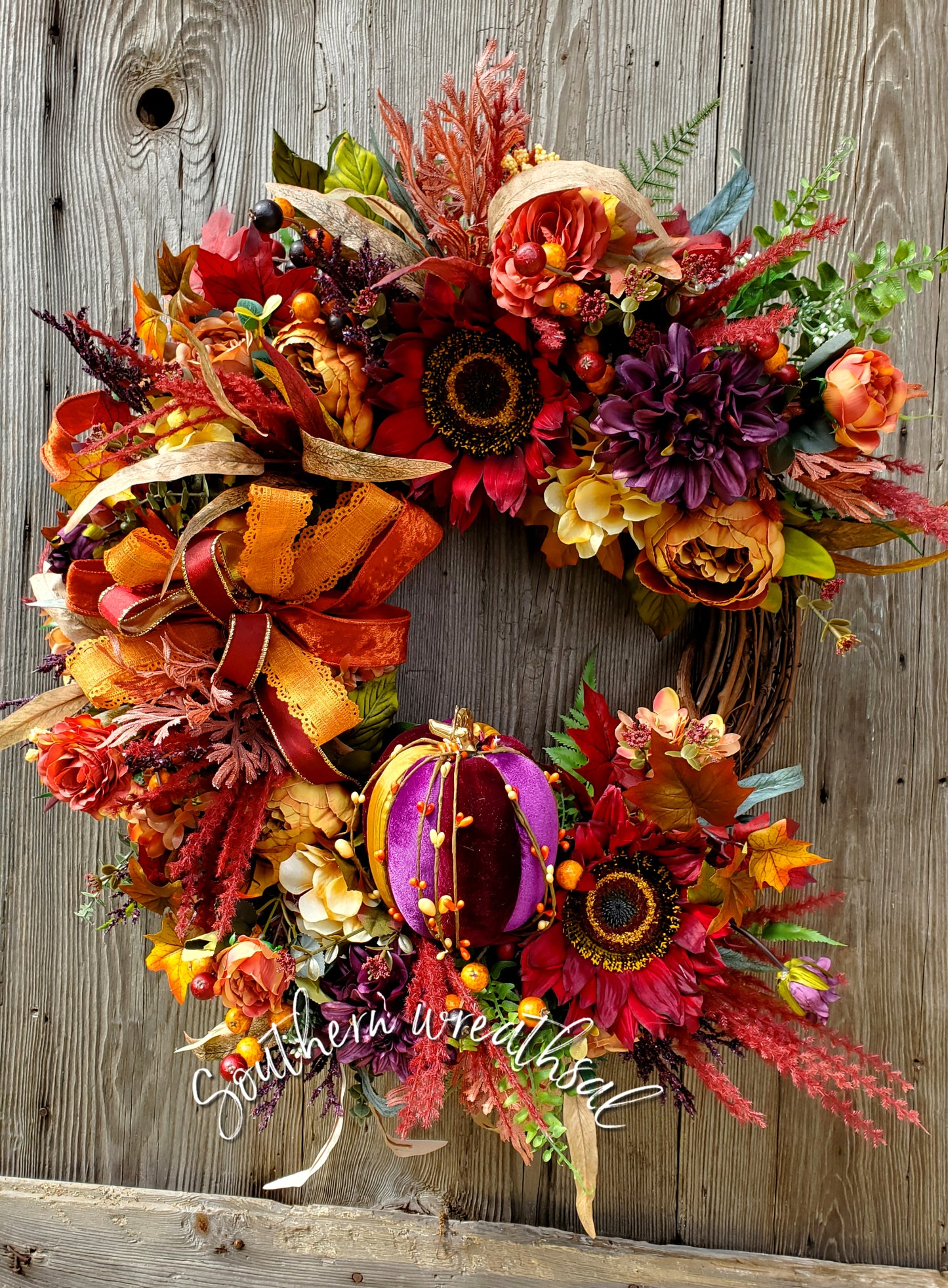 Elegant Fall Velvet Pumpkin Sunflower Door Wreath