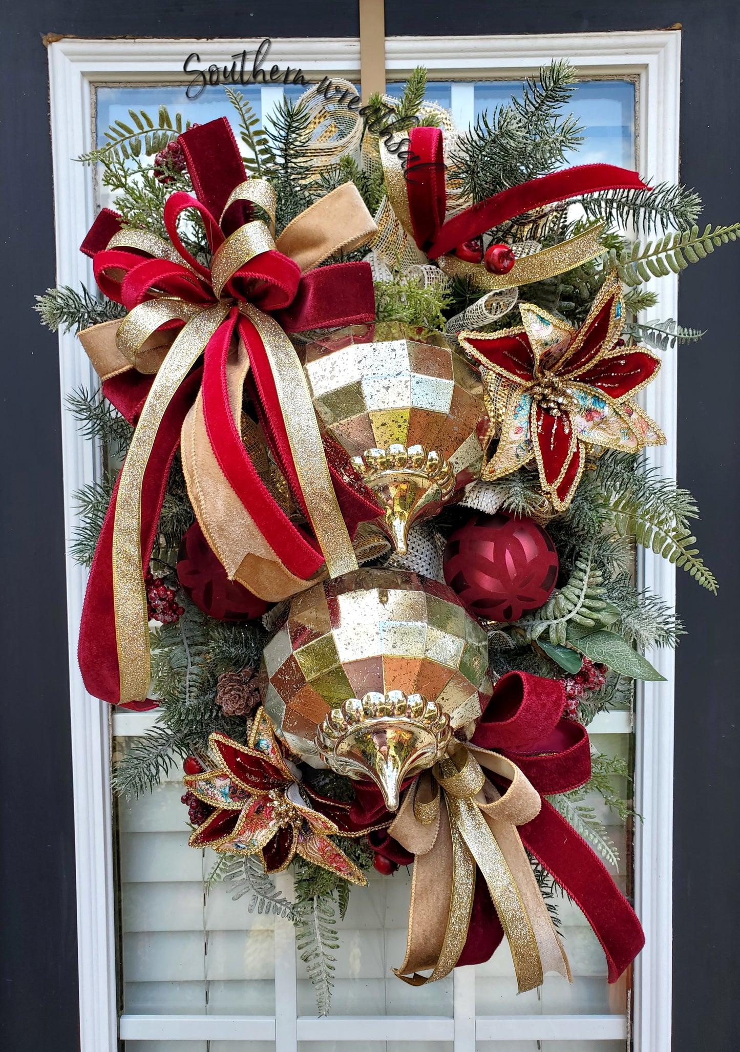 Burgundy and Gold Christmas Poinsettia Ornament Door Swag