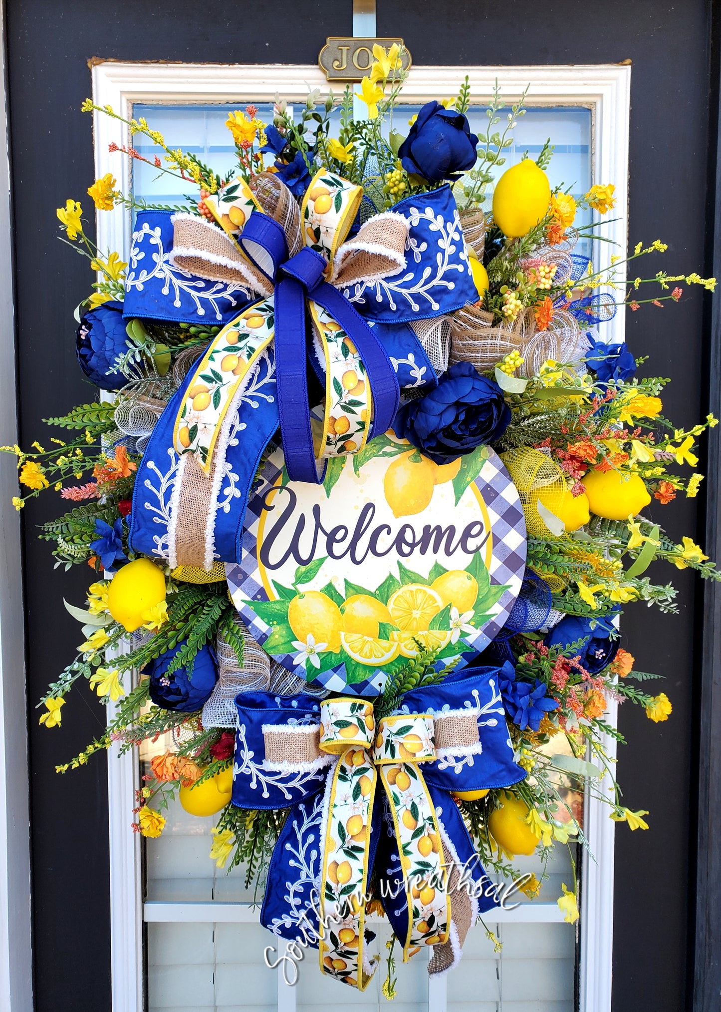 Spring Yellow and Blue Lemon Peony Door Wreath