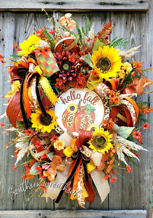 Hello Fall Large Sunflower & Pumpkin Door Swag