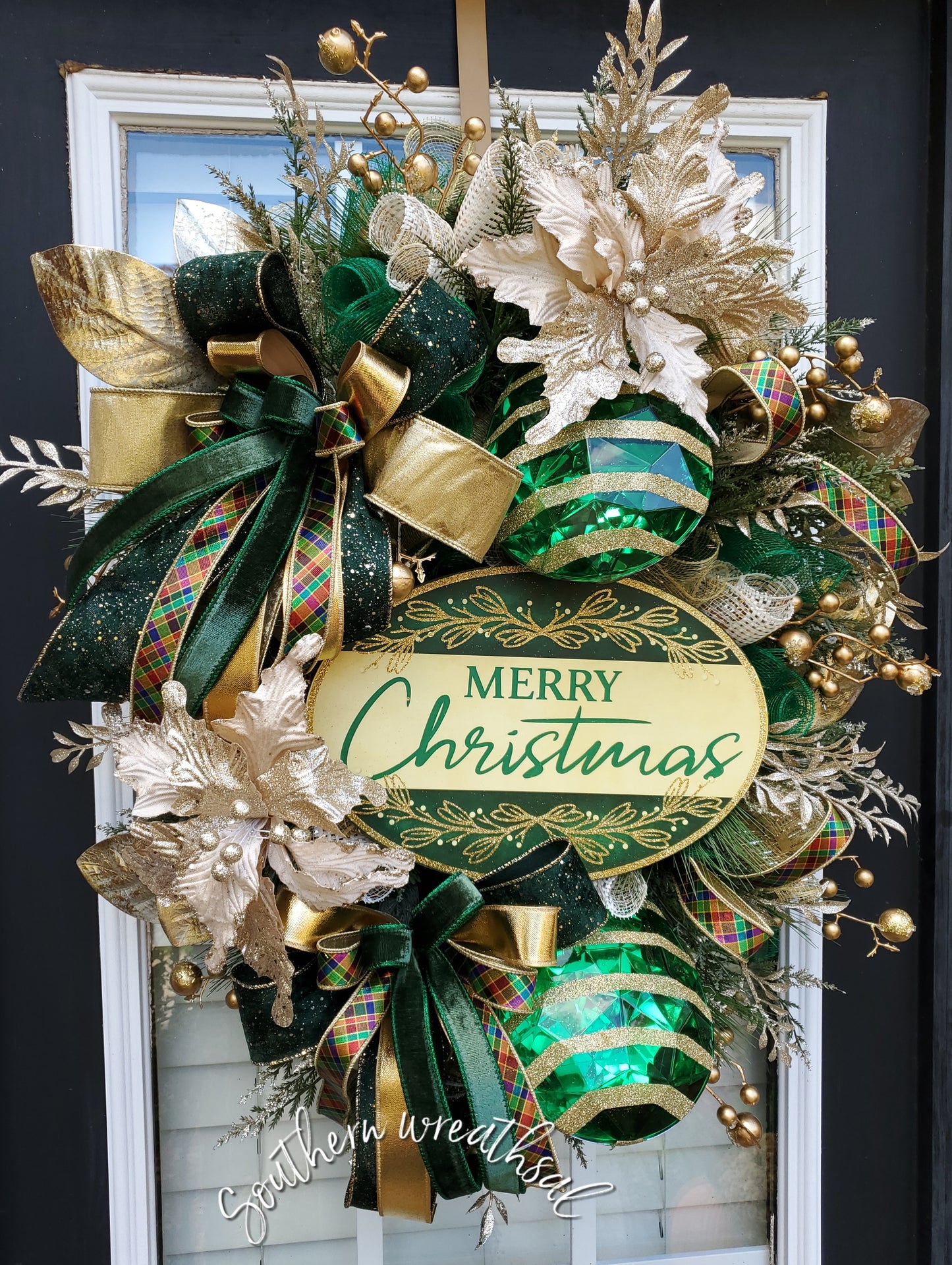 Stunning Green and Gold Christmas Jeweled Merry Christmas Front Door Wreath