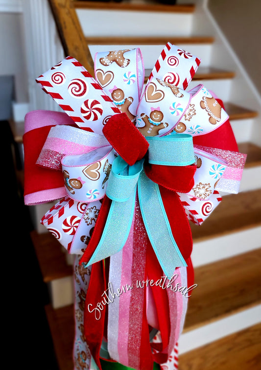 Peppermint and Gingerbread Deluxe Christmas Tree Topper Bow