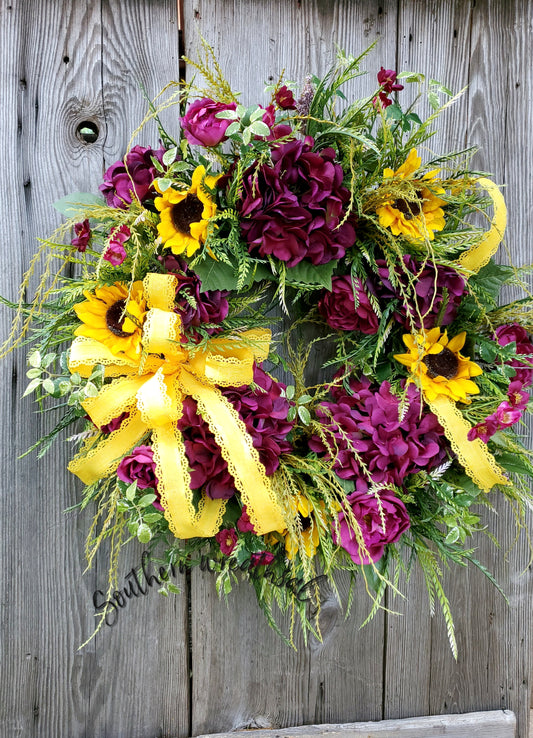 Fall Purple and Yellow Hydrangea Grapevine Wreath