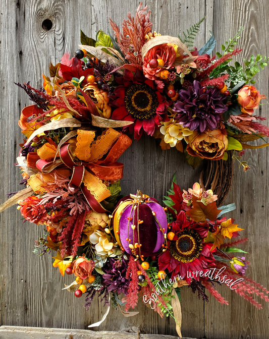 Elegant Fall Velvet Pumpkin Sunflower Door Wreath