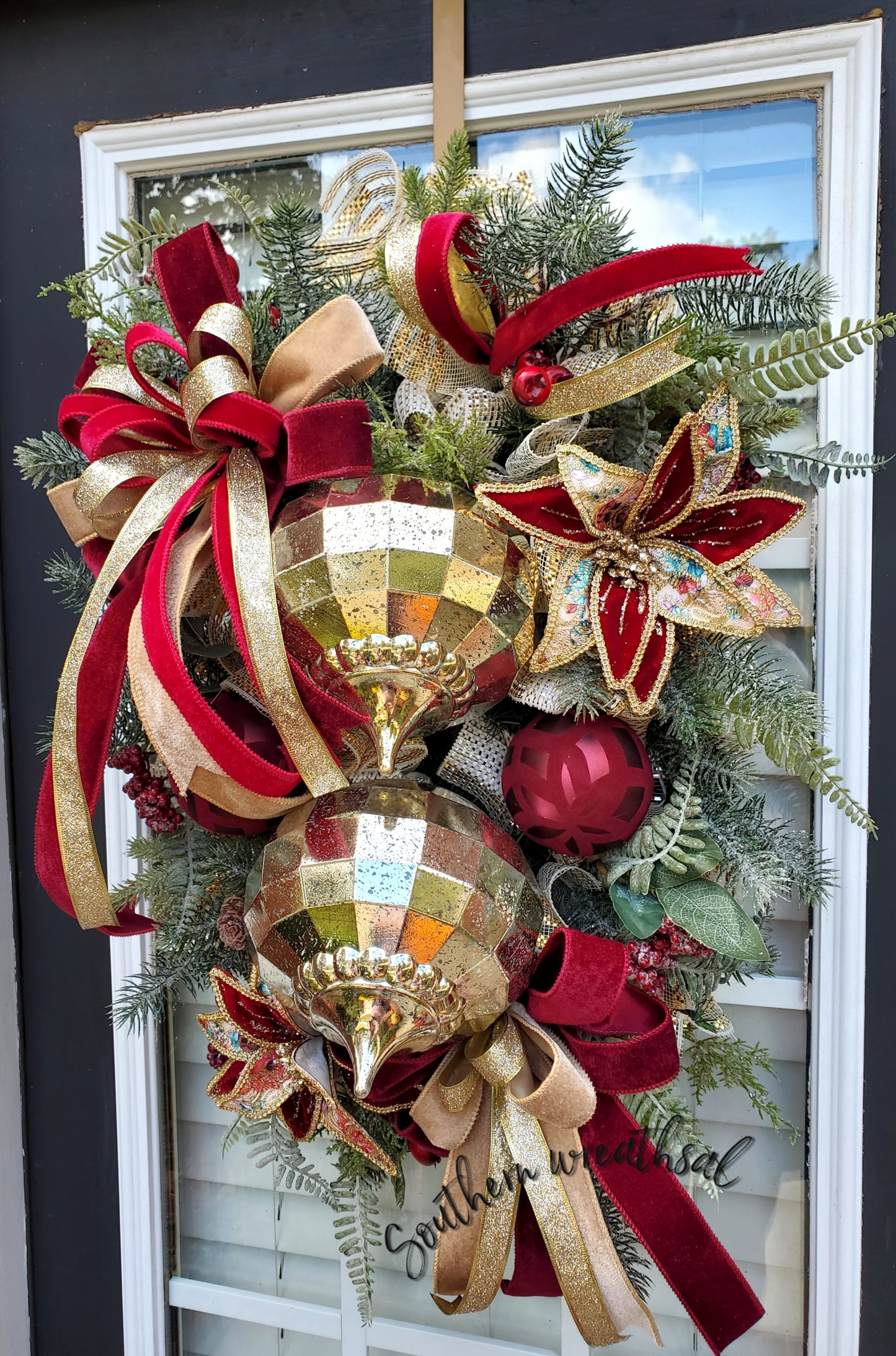 Burgundy and Gold Christmas Poinsettia Ornament Door Swag