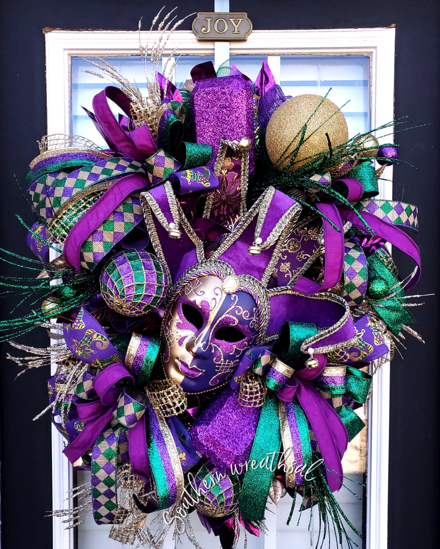 Mardi Gras Purple Gold Jester Door Wreath