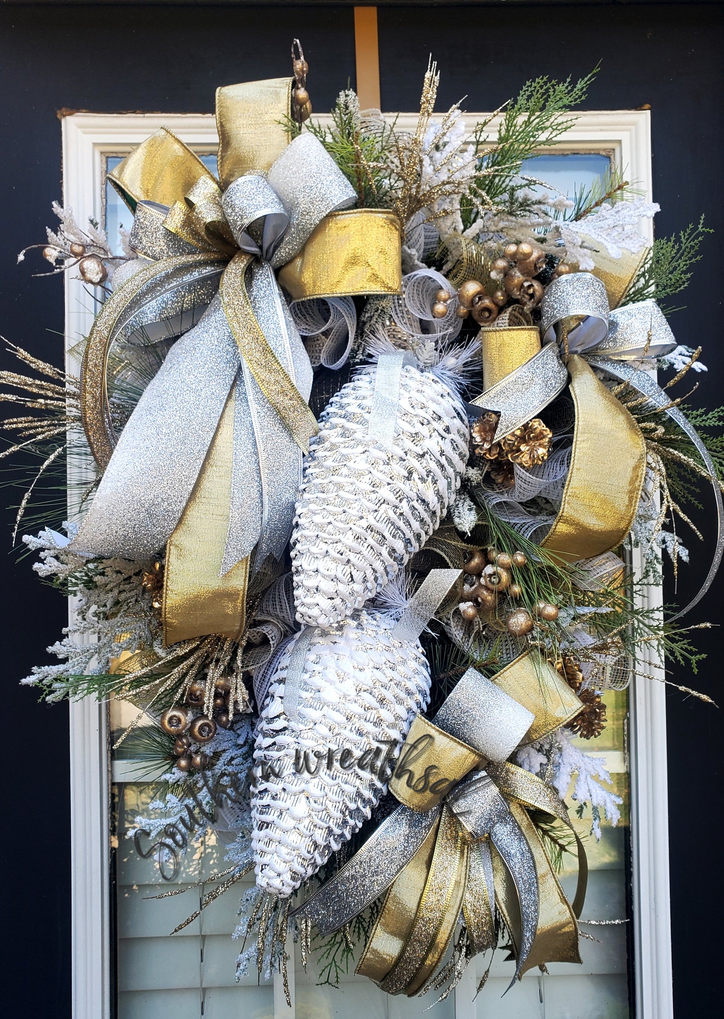 Silver and Gold Christmas Flocked Pinecone Door Wreath