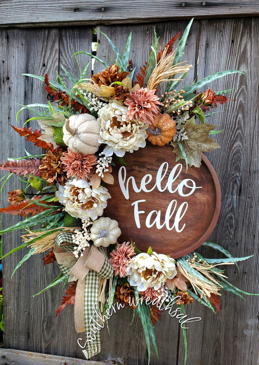 Hello Fall Neutral Grapevine Door Wreath - Rustic Farmhouse Fall