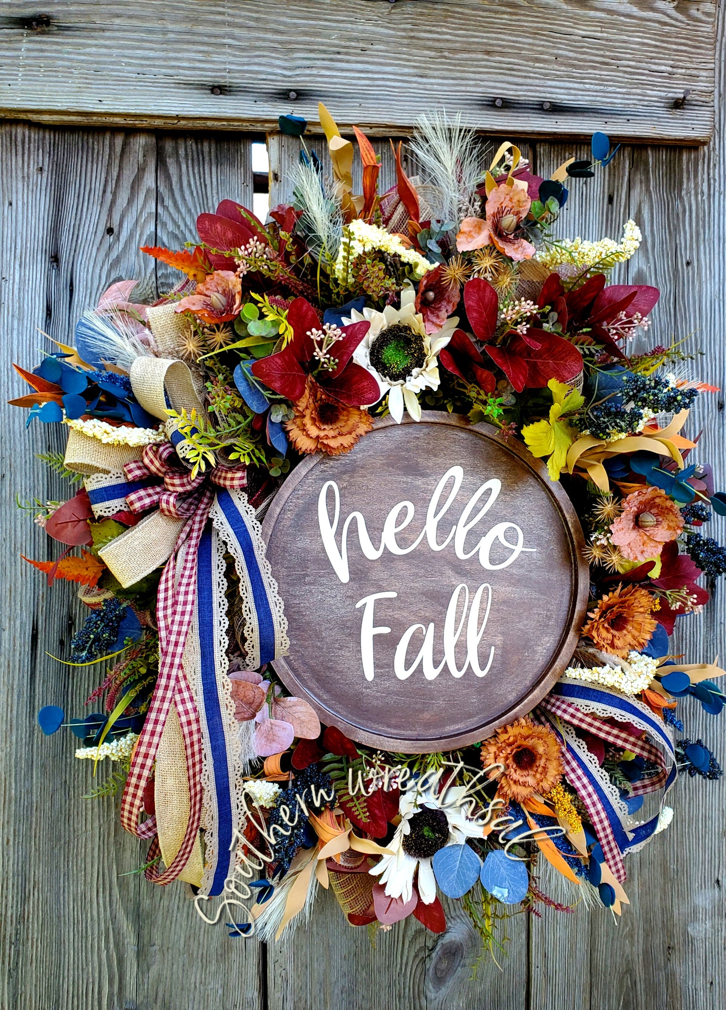 Fall Rustic Navy and Burgundy Door Wreath