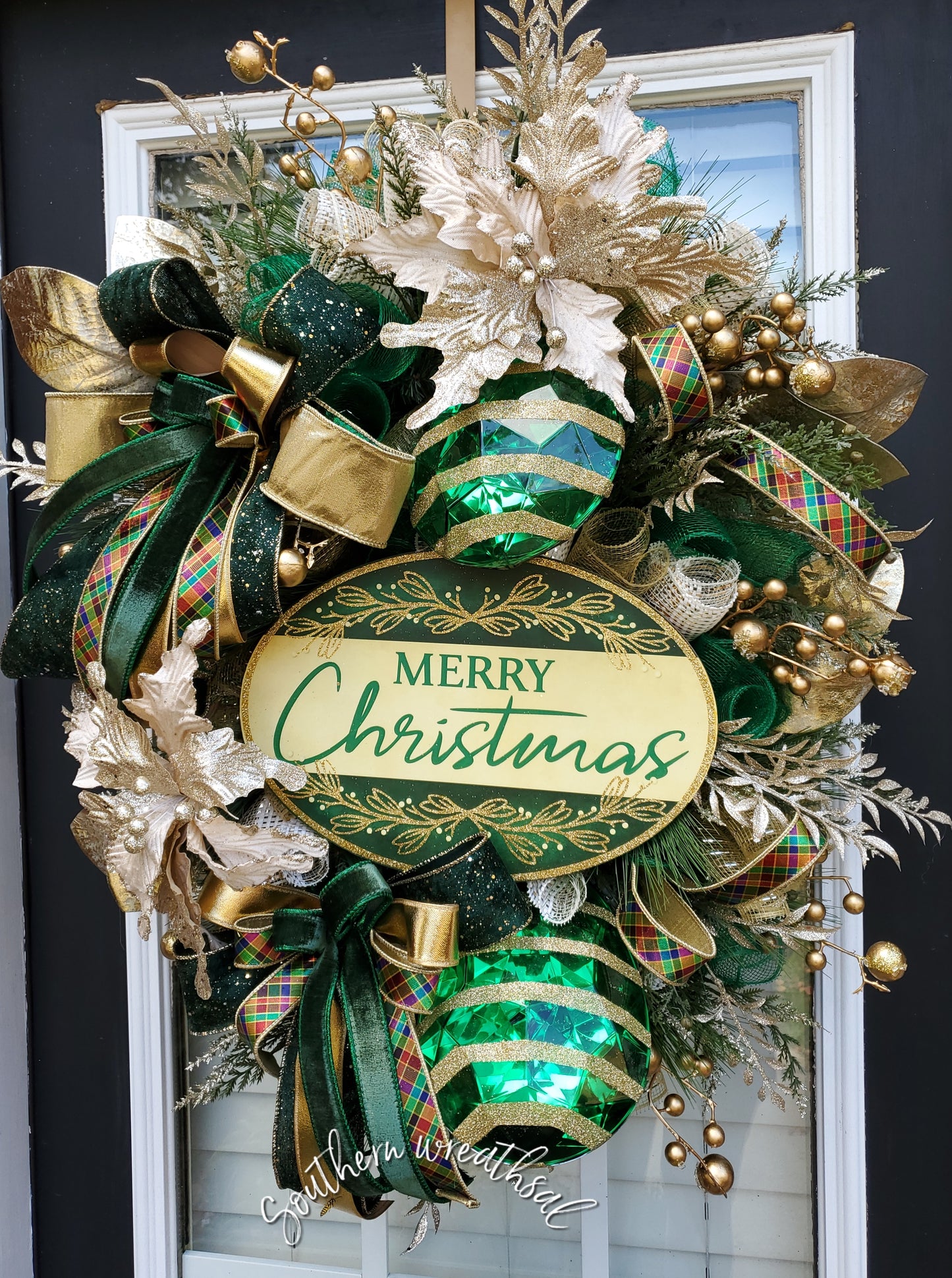 Stunning Green and Gold Christmas Jeweled Merry Christmas Front Door Wreath